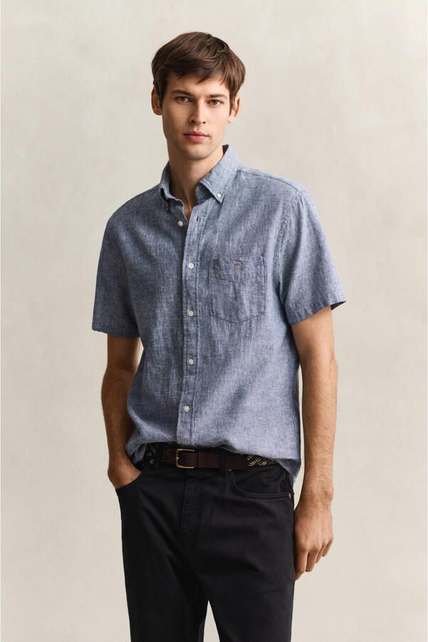 GANT regular casual overhemd met linnen blauw