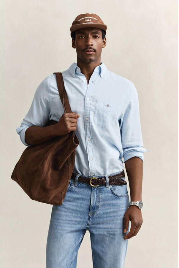 GANT regular casual overhemd met linnen lichtblauw