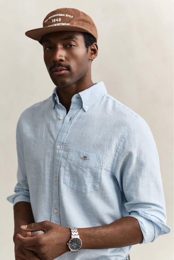 GANT regular casual overhemd met linnen lichtblauw - Foto 3