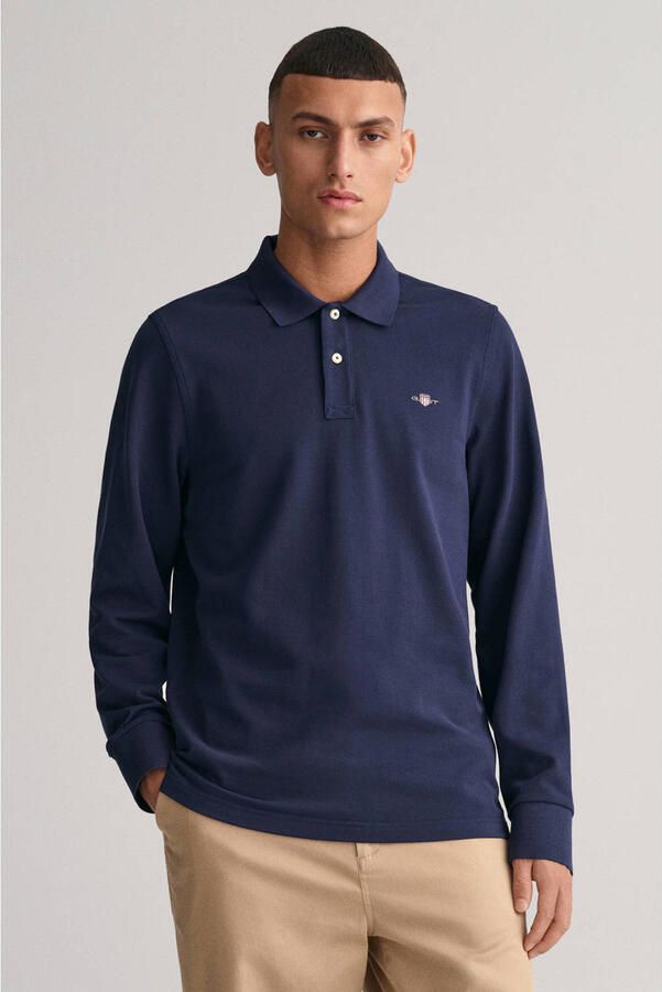 Gant Donkerblauwe polo met lange mouwen en 2 knopen Blue Heren