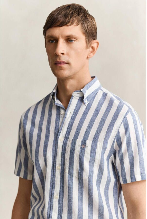 GANT regular gestreept overhemd met linnen blauw - Foto 2