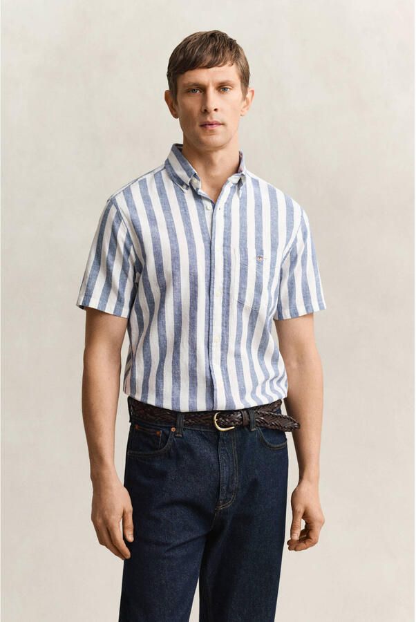 GANT regular gestreept overhemd met linnen blauw
