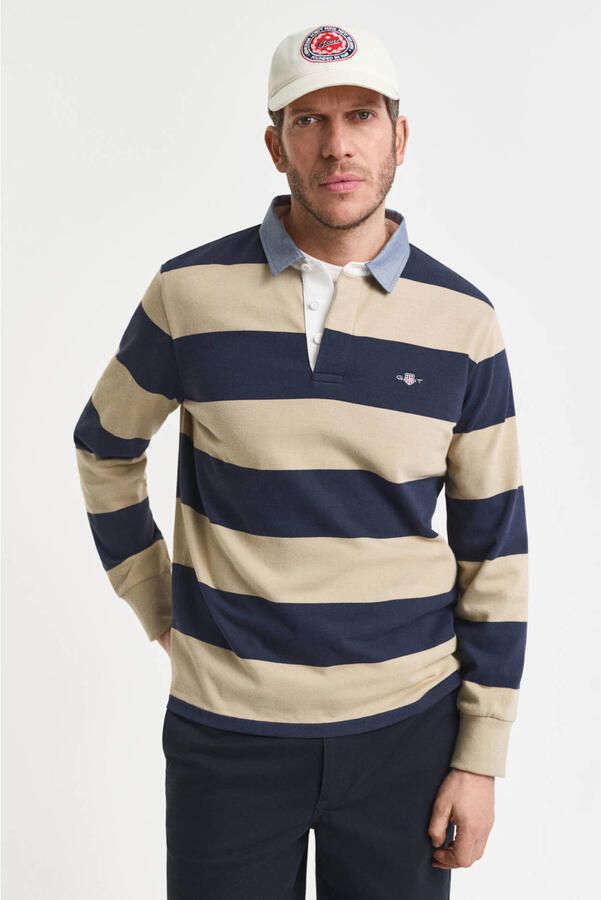 Gant Sweater Heavy Rugger Shield Longsleeve Polo Streep Navy Beige - Foto 3