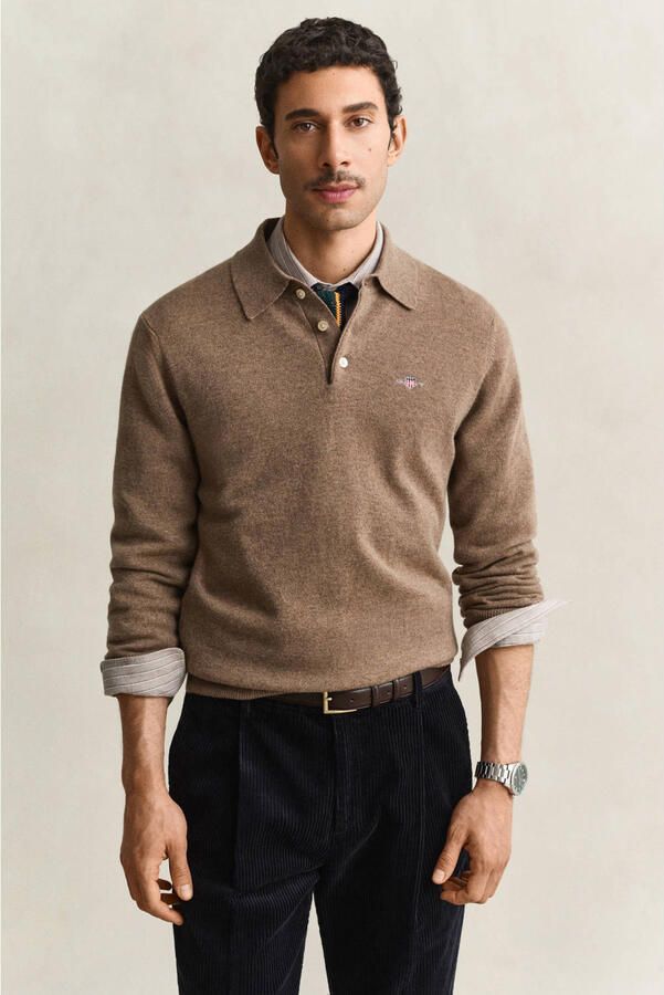GANT wollen regular fit gebreide gemêleerde trui lichtbruin - Foto 2