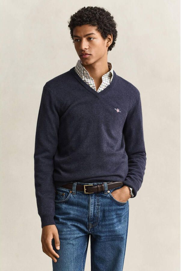 GANT wollen regular fit gemêleerde trui donkerblauw