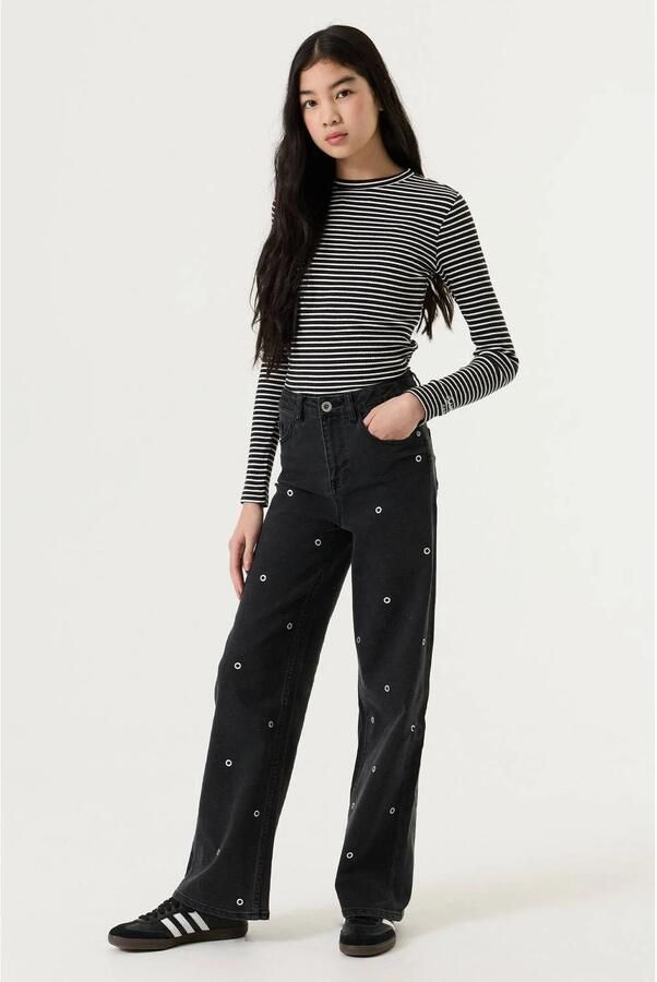 Garcia Annemay high waist wide leg jeans met studs medium used Zwart Meisjes Denim