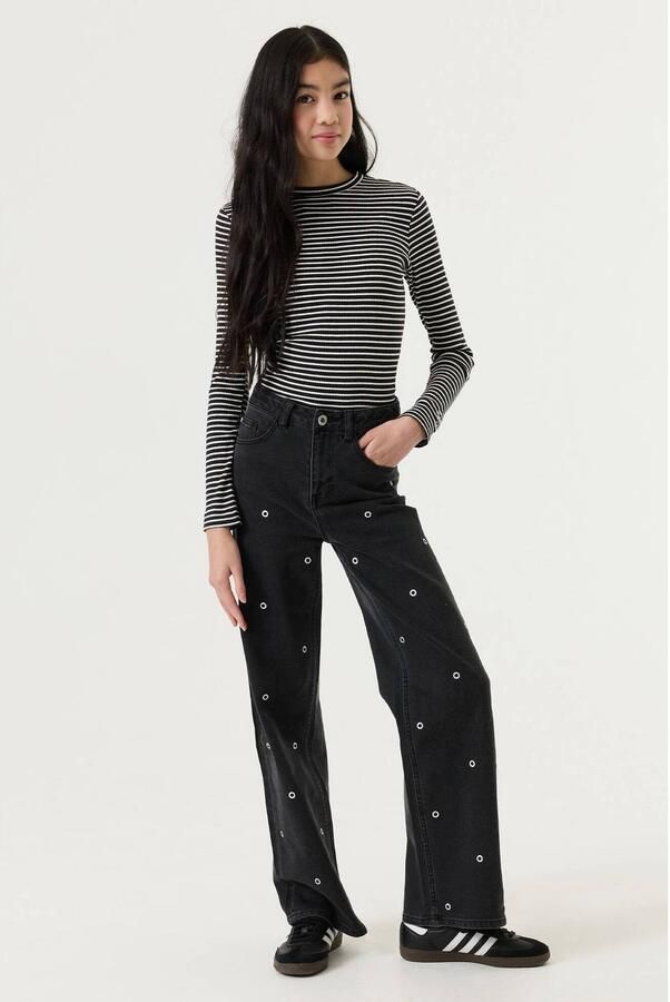 Garcia Annemay high waist wide leg jeans met studs medium used Zwart Meisjes Denim - Foto 2