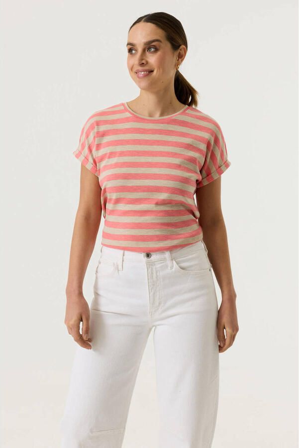 Garcia gestreept T-shirt met lurex koraalrood