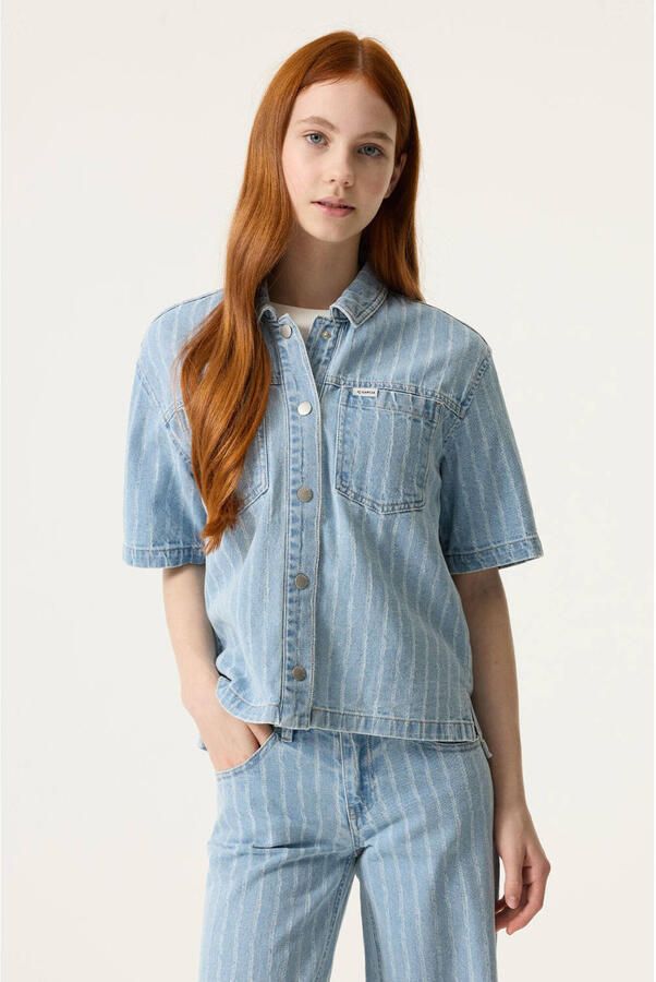 Garcia gestreepte blouse light blue denim