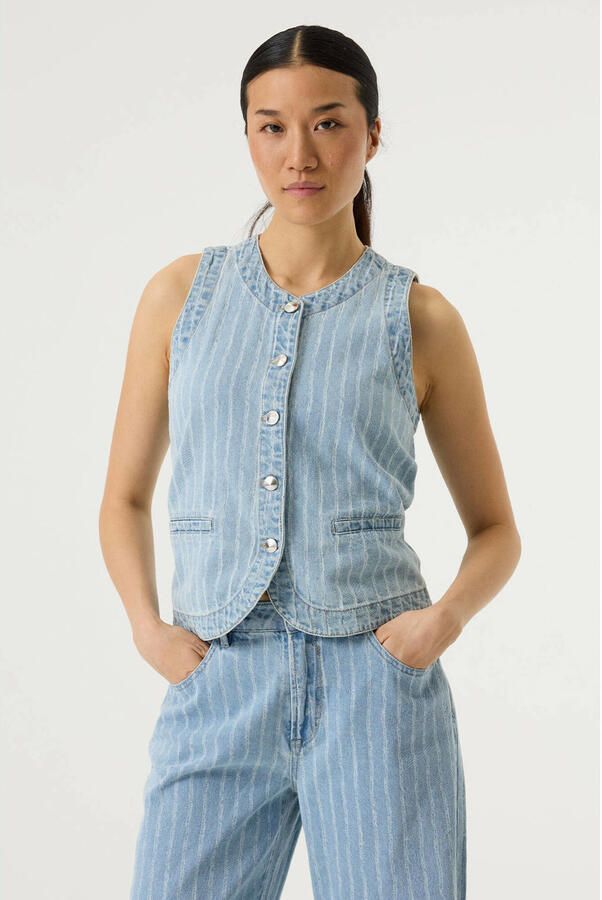 Garcia gestreepte mouwloze top met krijtstreep blauw