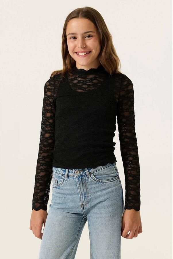 Garcia kanten aansluitende longsleeve zwart Meisjes Polyamide Ronde hals