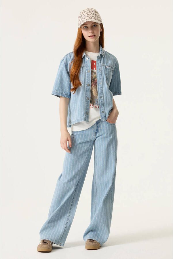Garcia low waist gestreepte wide leg jeans light blue denim