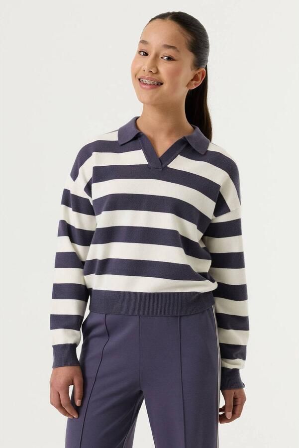 Garcia rechtvallende gebreide gestreepte trui donkerblauw wit Paars Meisjes Viscose V-hals