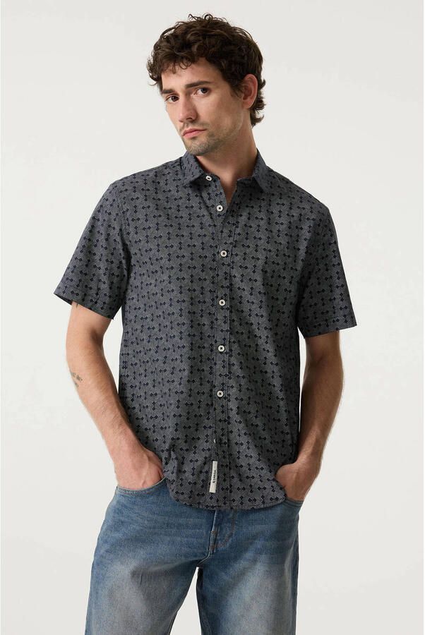 Garcia relaxed casual overhemd met linnen donkerblauw