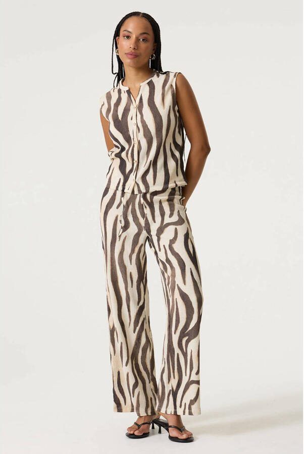 Garcia wide leg regular waist broek met zebraprint ecru