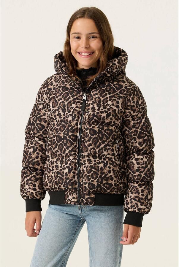 Garcia winterjas met panterprint bruin Meisjes Polyester Capuchon Panterprint