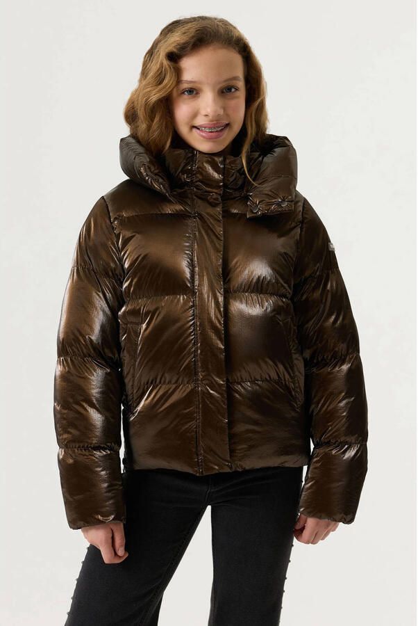 Garcia winterpufferjas donkerbruin Meisjes Polyester Capuchon Effen