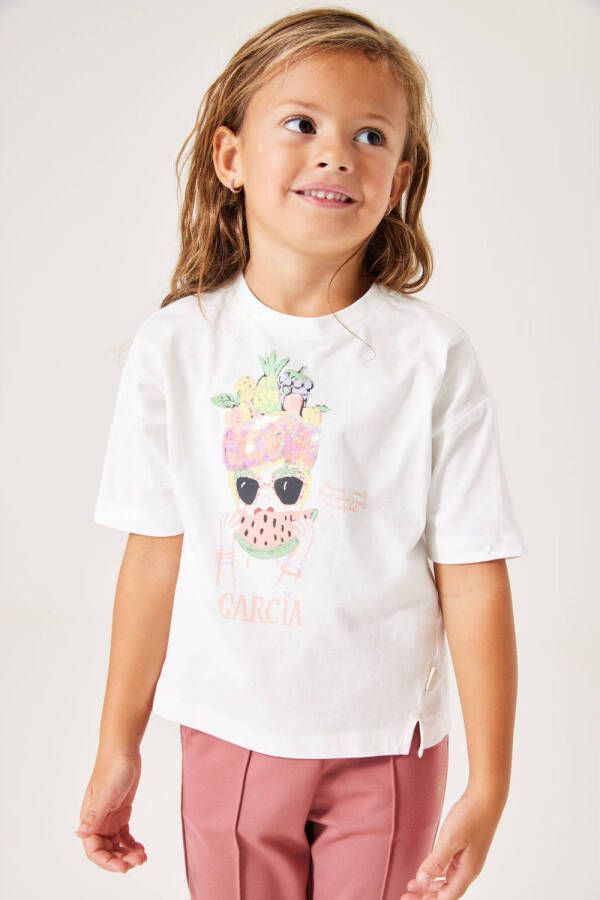Garcia T-shirt met printopdruk wit Meisjes Katoen Ronde hals Printopdruk 104 110