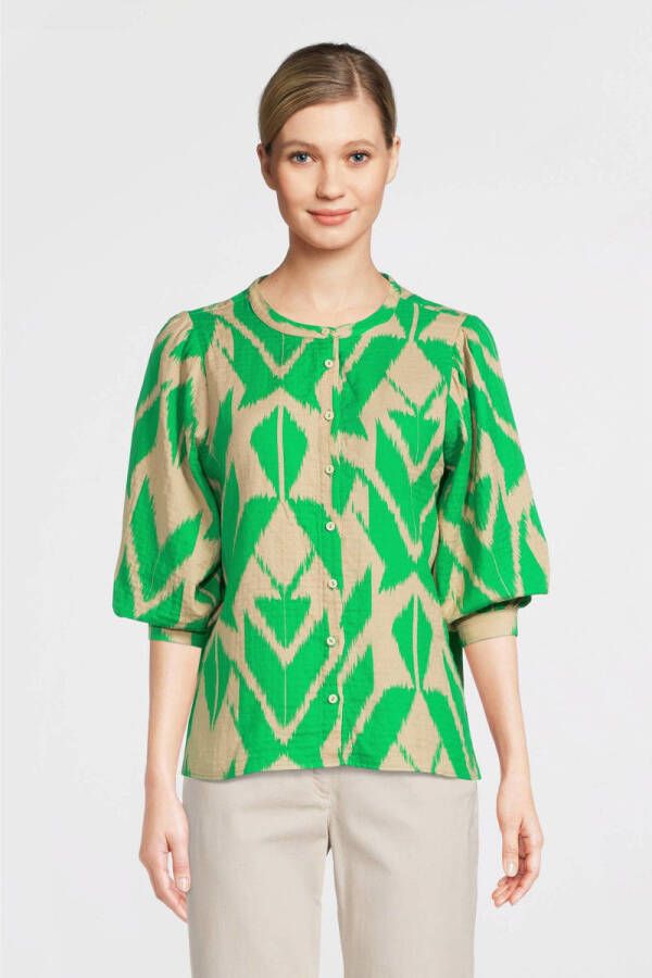 Geisha blouse met all over print groen beige