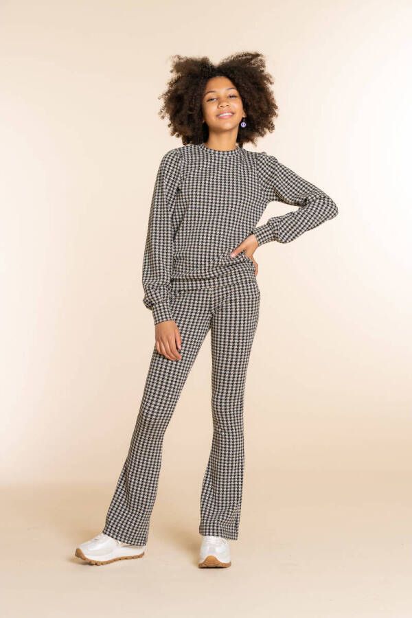 Geisha flared broek met pied-de-poule zwart zand offwhite - Kledingwinkel.nl
