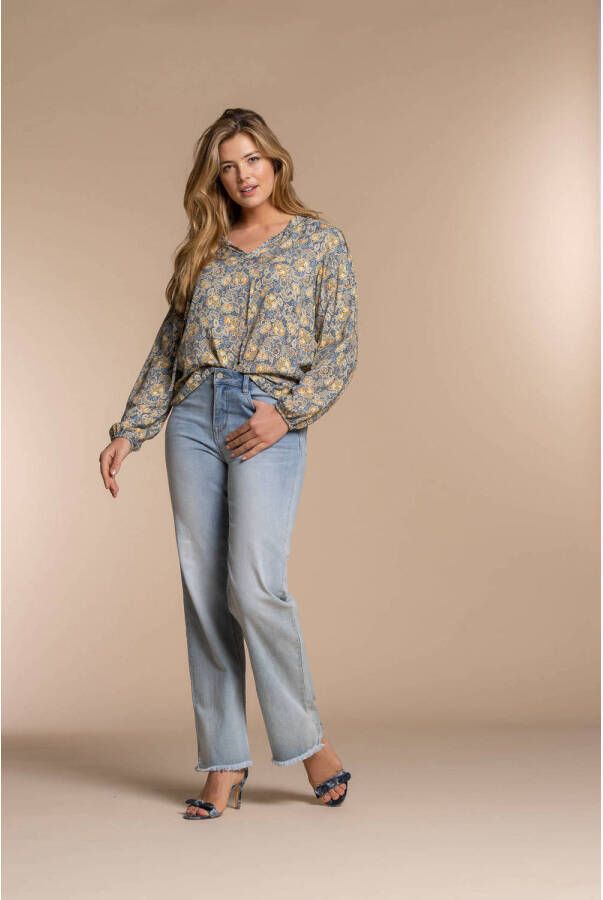 Geisha gebloemde top blauw geel
