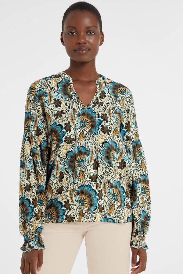 Geisha gebloemde top ecru blauw