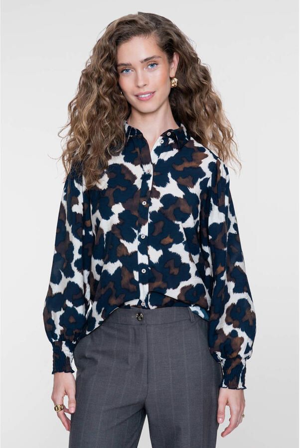Geisha blouse met panterprint zand blauw bruin