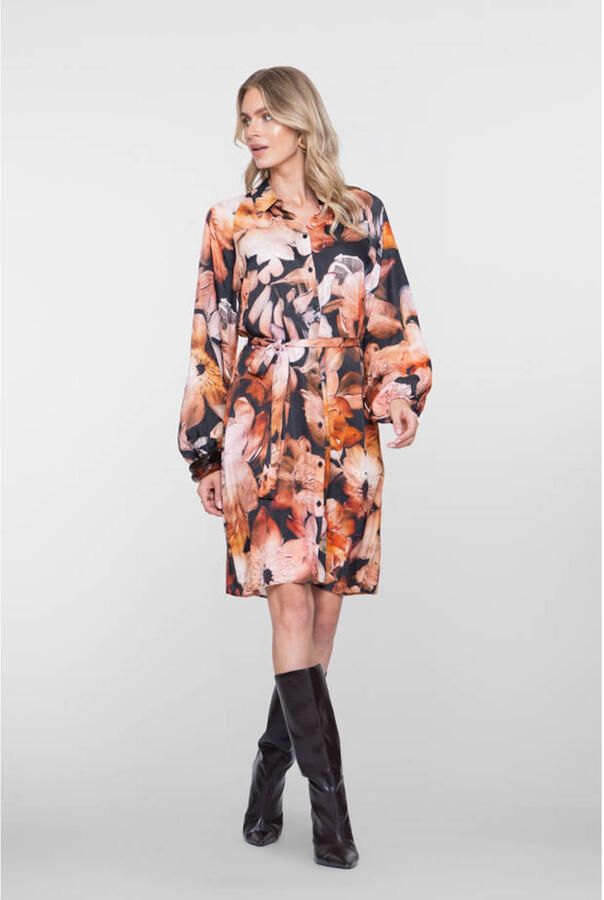 Geisha gebloemde midi blousejurk zwart oranje