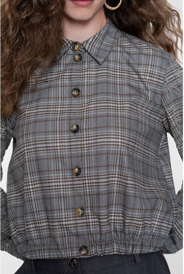 Geisha geruite blouse met borduursels grijs beige