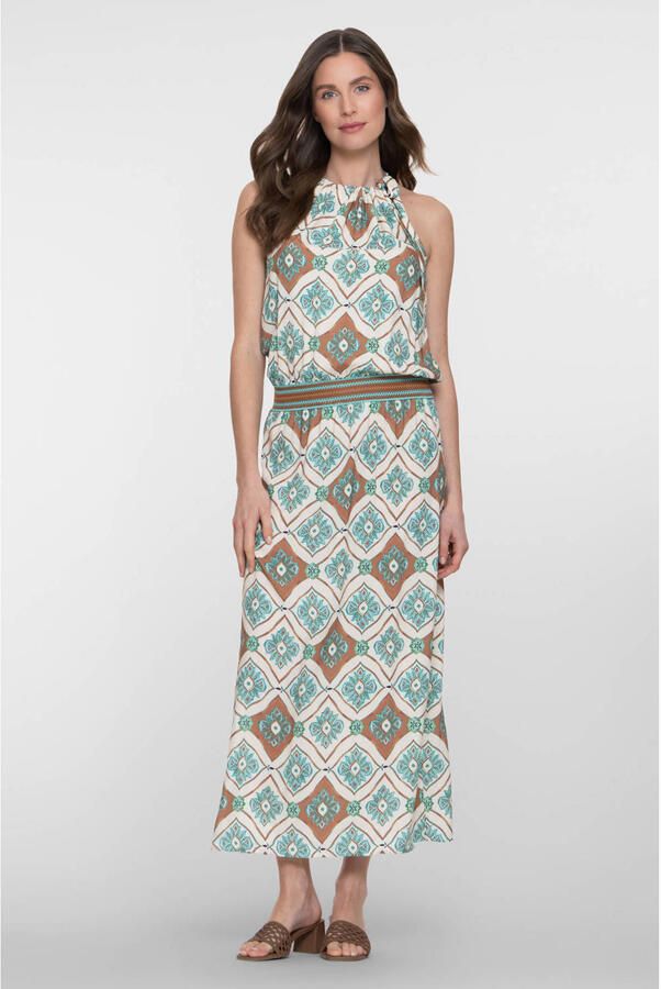 Geisha halterjurk met print en split lichtblauw
