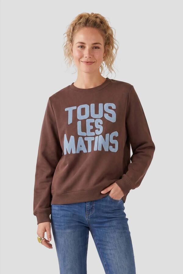 Geisha katoenen sweater met tekstprint bruin blauw