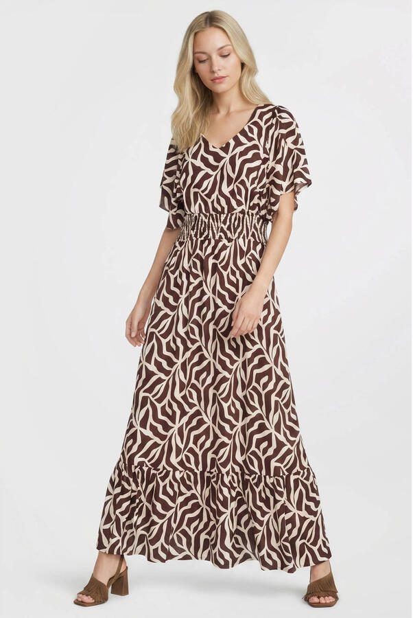 Geisha maxi jurk met print donkerbruin
