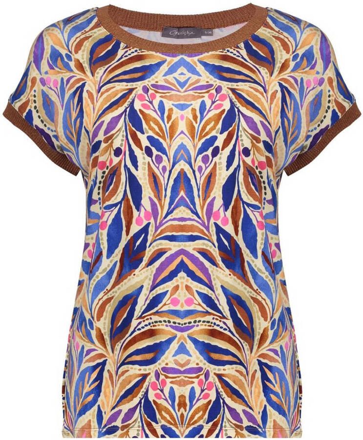 Geisha rechtvallende top met contrast bies en print blauw