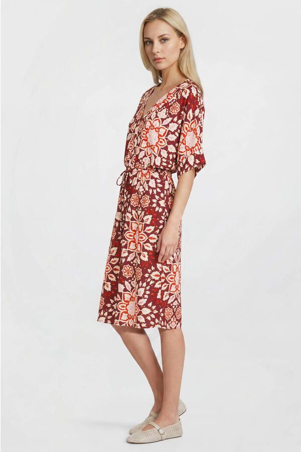 Geisha viscose gebloemde midi zomerjurk donkerrood