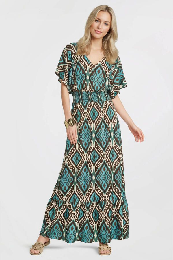 Geisha viscose maxi jurk met smockwerk en print blauw