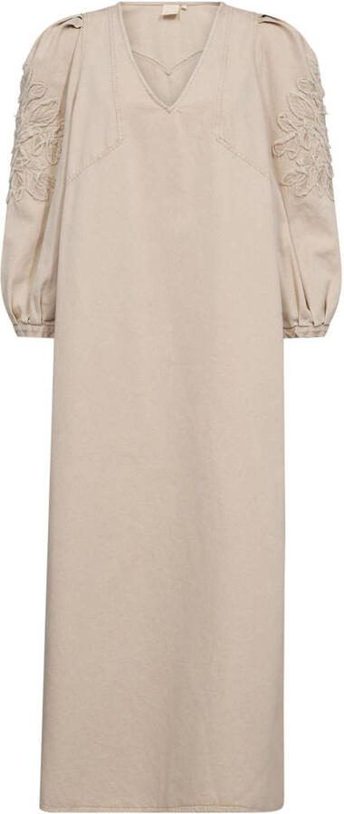 Gossia denim maxi jurk met borduursels en pofmouwen beige - Foto 2