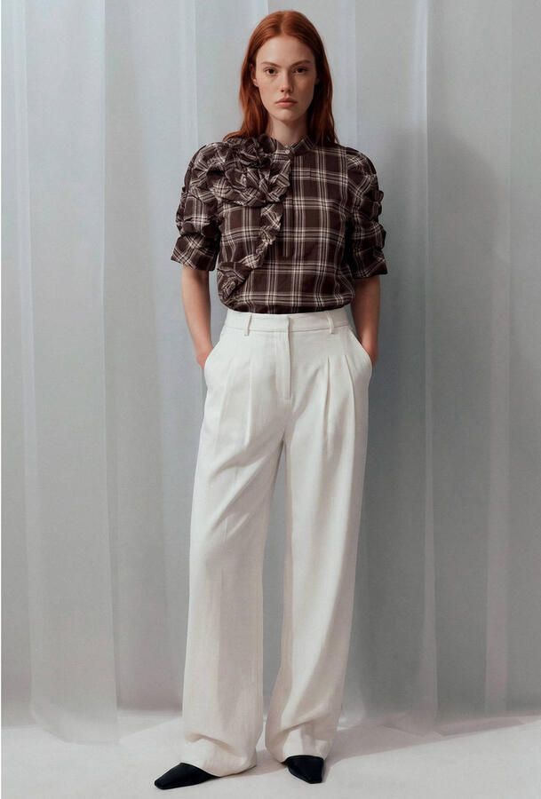 Gossia geruite blouse met ruches bruin