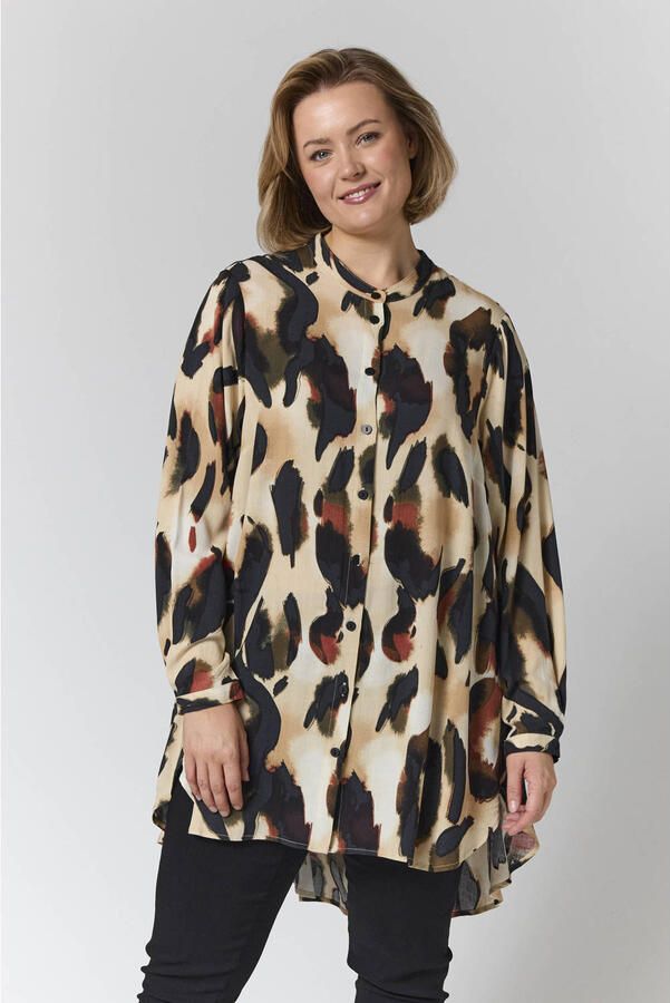 Gozzip Plus Size blouse met print zand zwart oranje