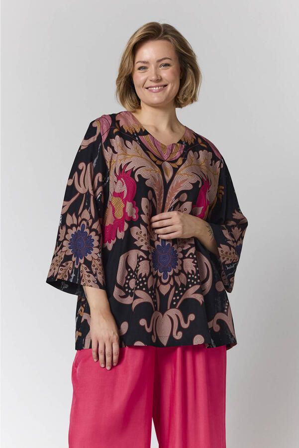 Gozzip Plus Size blouse met print zwart roze blauw