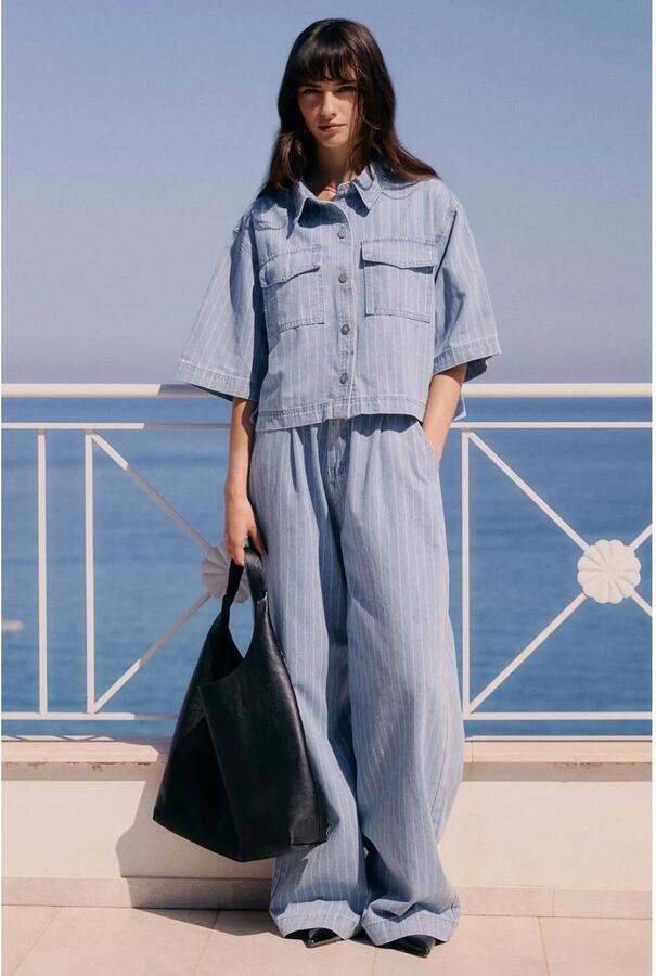 Grace & Mila high waist gestreepte wide leg jeans medium blue denim - Foto 5