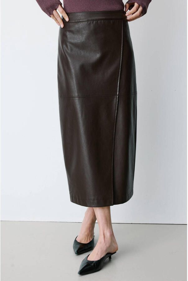 Grace & Mila imitatieleren midi rok bruin