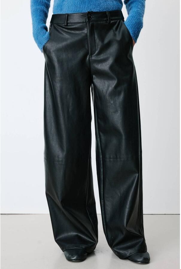 Grace & Mila imitatieleren wide leg casual broek zwart