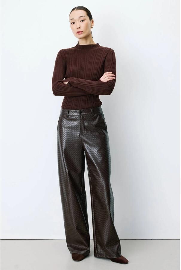 Grace & Mila imitatieleren wide leg coated broek bruin - Foto 5