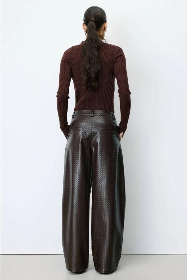 Grace & Mila imitatieleren wide leg coated broek bruin - Foto 7