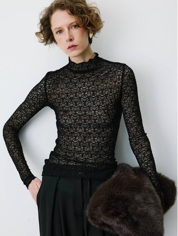 Grace & Mila kanten semi-transparante top met col en ruches zwart
