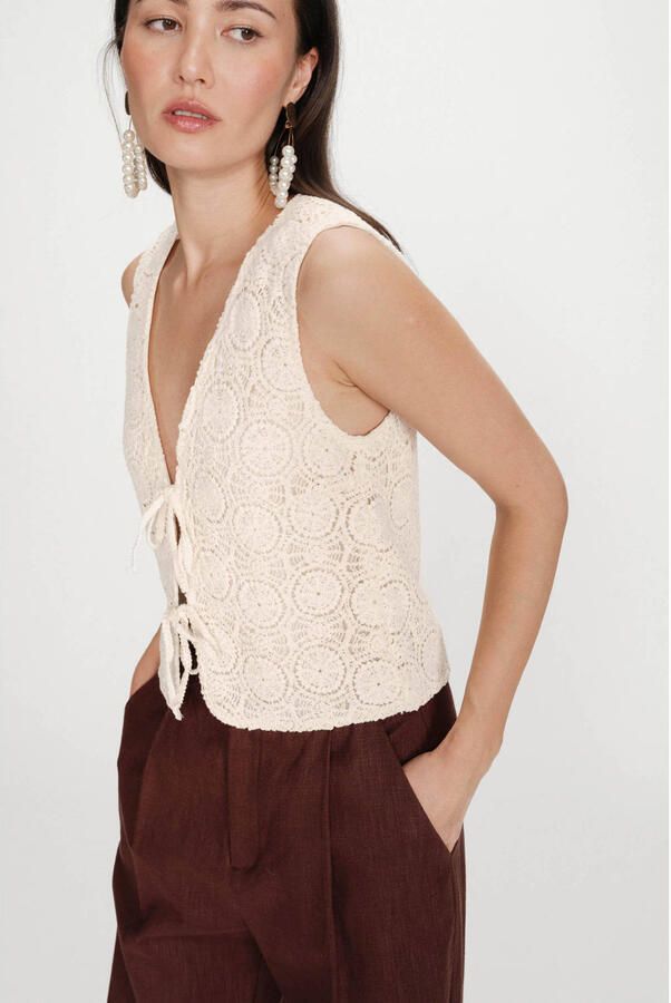 Grace & Mila mouwloze top crème crochet - Foto 3