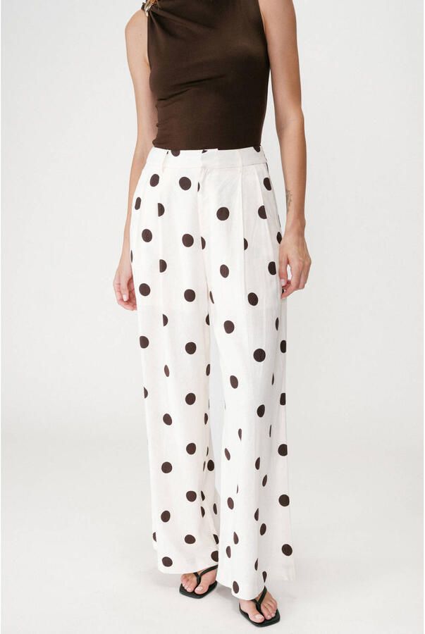 Grace & Mila wide leg high waist broek met linnen met stippen ecru
