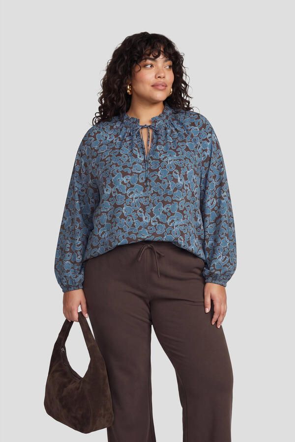 GREAT LOOKS blousetop met strikkraag panterprint blauw bruin
