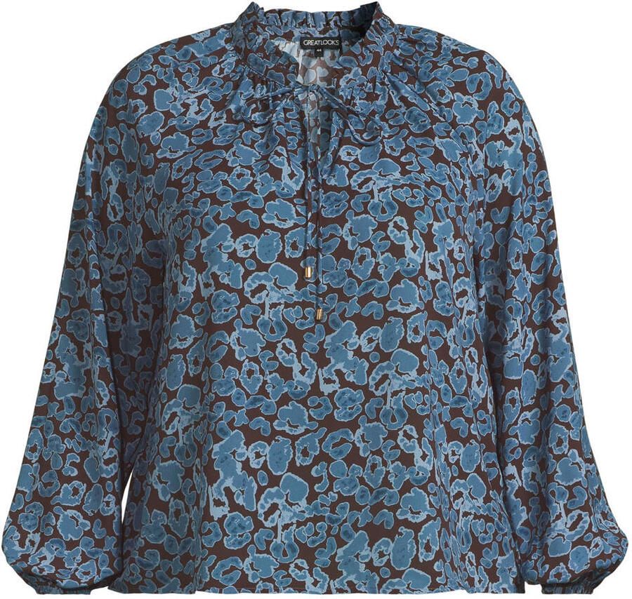 GREAT LOOKS blousetop met strikkraag panterprint blauw bruin - Foto 2
