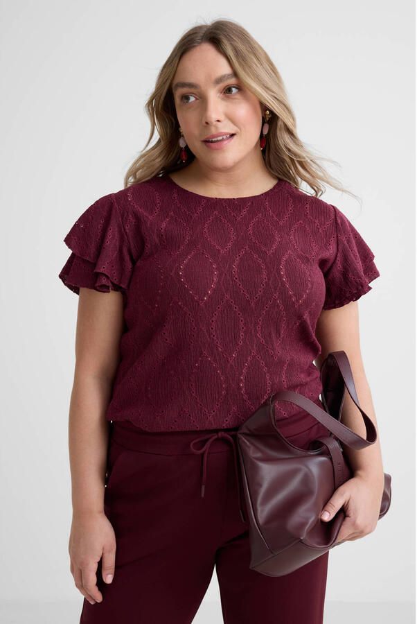 GREAT LOOKS broderie top met ruches bordeauxrood
